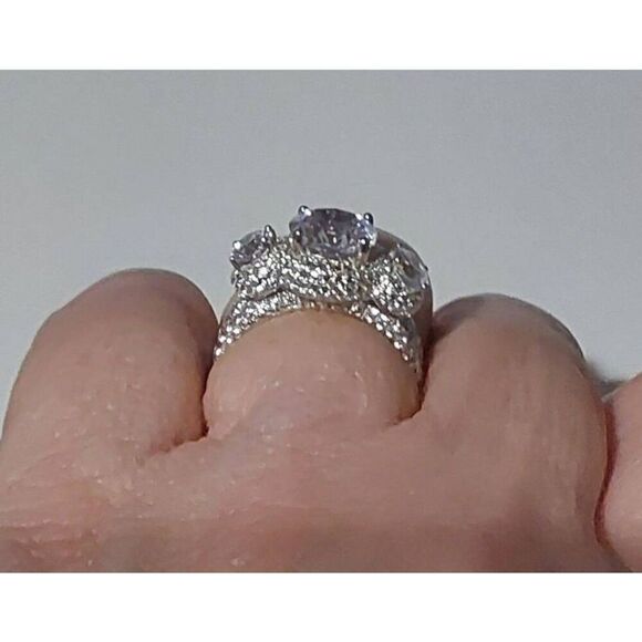 Gorgeous 9.4 Ct. Genuine Diamond Simulant Three Stone Halo Pave Wedding Ring #8 - Picture 6 of 10